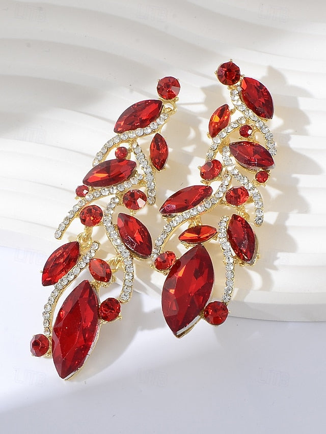 Gold Crystal Earrings Leaf Design Elegant - Women's