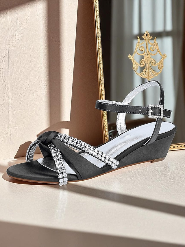 Knot Green Wedge Sandals - Satin Women's Rhinestone