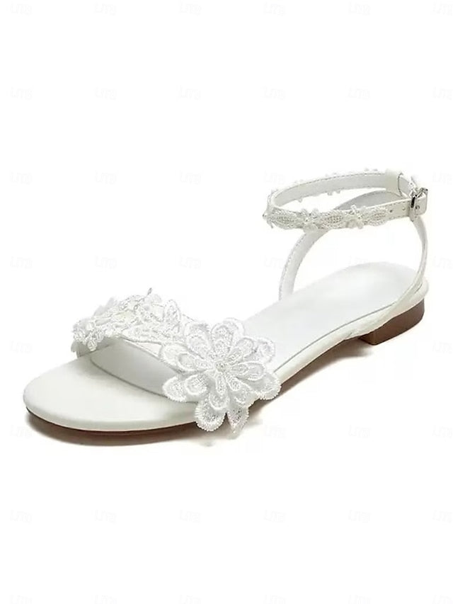 Open-Toe with Straps White Sandals Flats Ankle Block Lace Floral