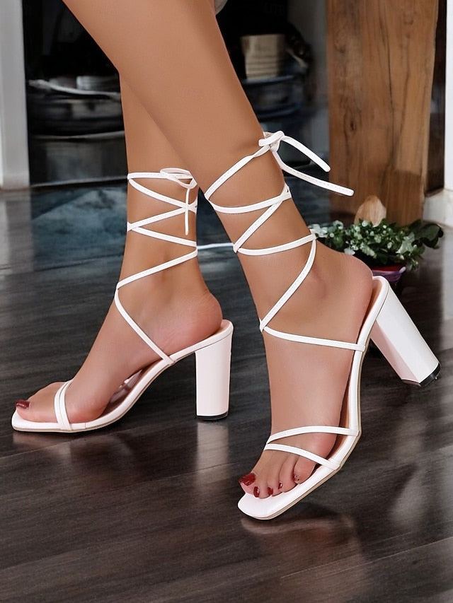Block Women's Heel Clear White with Lace-Up Strappy Heels