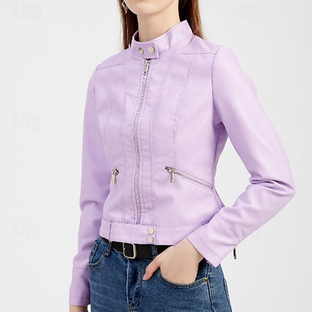 Jacket Zipper Pocket Leather Comfortable Faux Women's