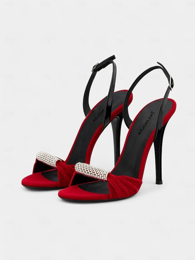 – Accent Stiletto Rhinestone Bold Heels Red Velvet with