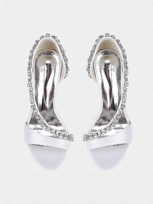 Heels – High Crystal Women's Champagne with T-Strap Satin