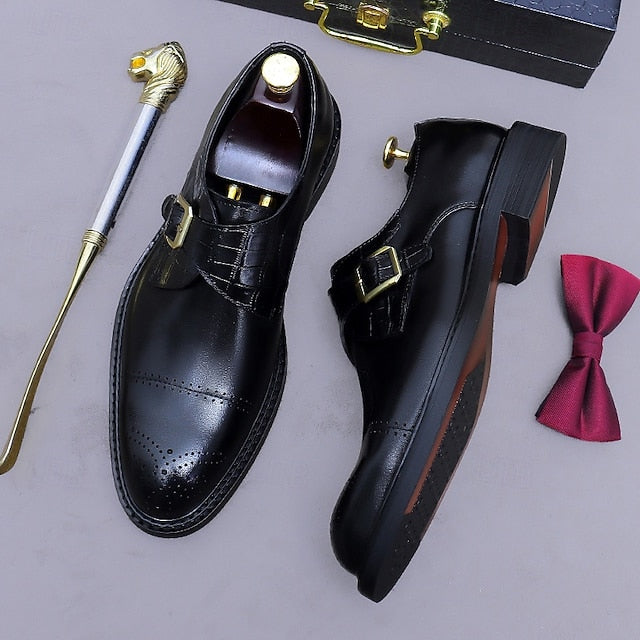 Black Strap Men's First Genuine Leather Monk Shoes-