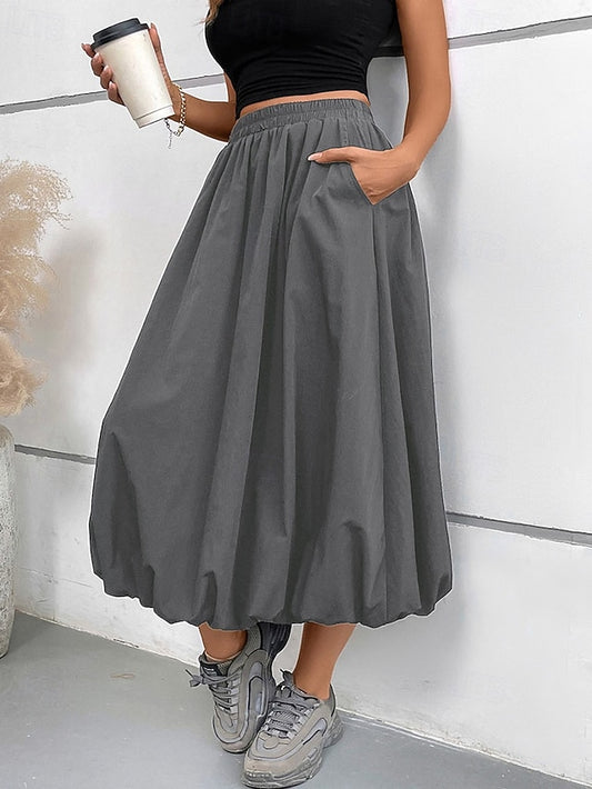 Women's Fashion Casual Midi Mid Rise Skirts Plain Ruched