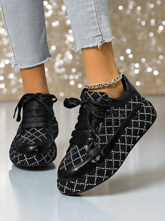 Quilted and Women's Rhinestone Silver Sneakers - Black