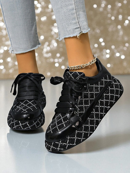 Quilted and Women's Rhinestone Silver Sneakers - Black