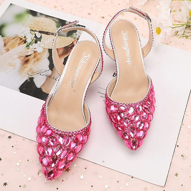High Rhinestone Slingback Heels Pointed-Toe Women's Crystal