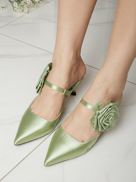 Pointed Women's with Green Satin Toe Heels Ankle Floral