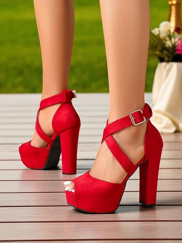 - Red Platform Toe Suede Sandals Peep Women's Strap Cross