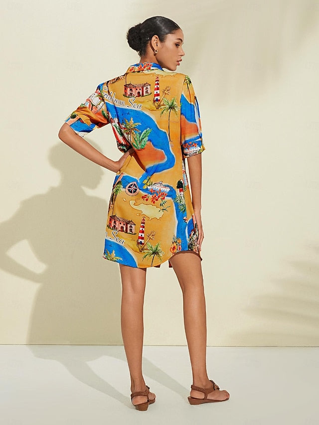 Satin Coastal Map Graphic Print Mini Dress