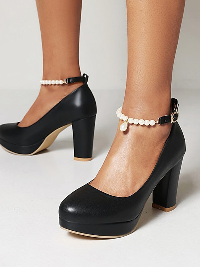 High – Pumps Women's Ankle White Pearl Heel with Strap