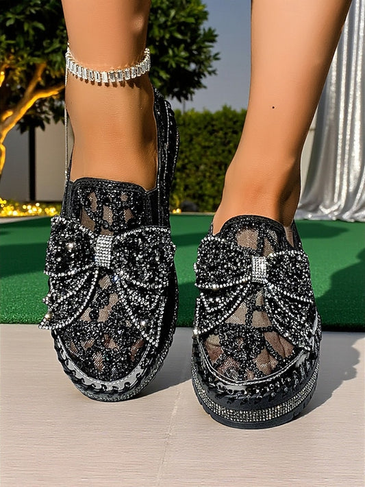 Bow Shoes with Women's Rhinestone Black Lace Slip-On
