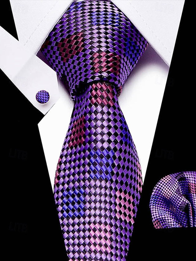 Pocket – Purple and Checkered Set Tie Square Silk Men's