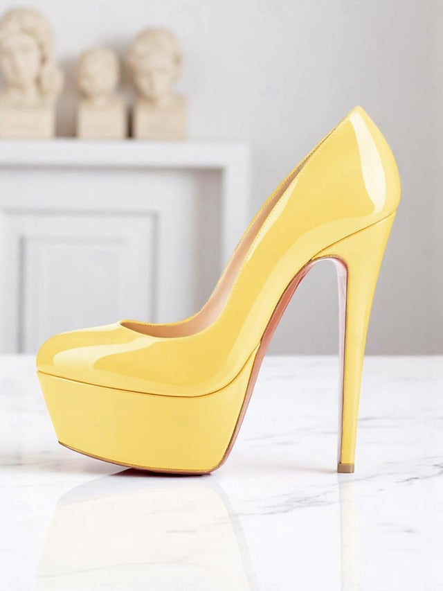 and Women's Patent Black Pointed-Toe Platform Heels with