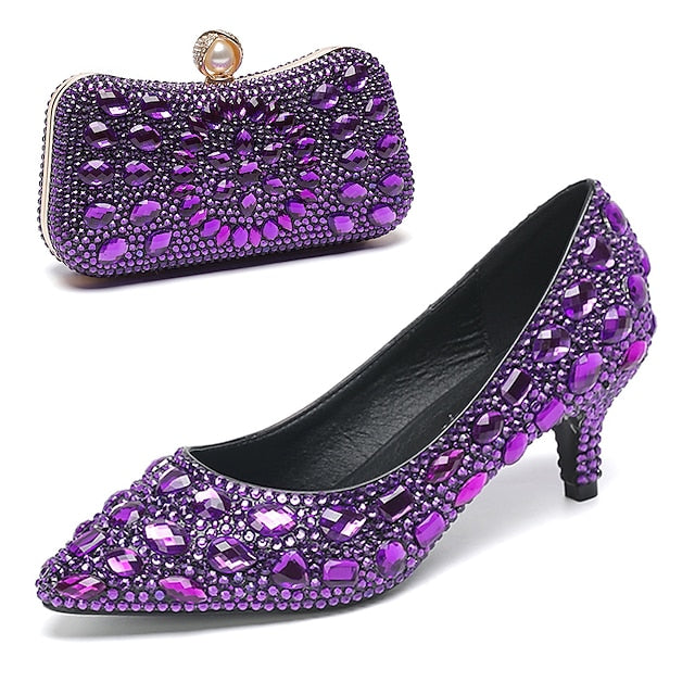 Crystal-Embellished and Shoes Heel Matching Women's Kitten
