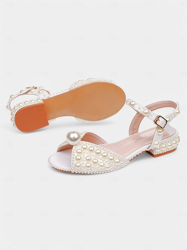 Heel White Sandals – Low Pearl-Embellished Women's