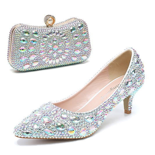 Crystal-Embellished and Shoes Heel Matching Women's Kitten