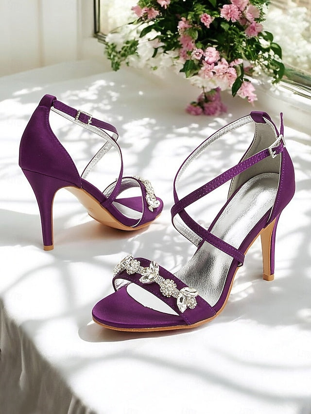 Straps Heels Women's with Purple Stiletto Satin Rhinestone