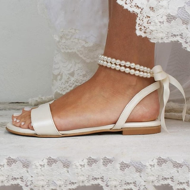 White Ankle – Sandals Flat Strap with Pearl Women's
