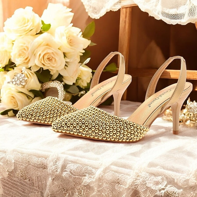 Heels Women's Slingback Embellishments with White – Pearl