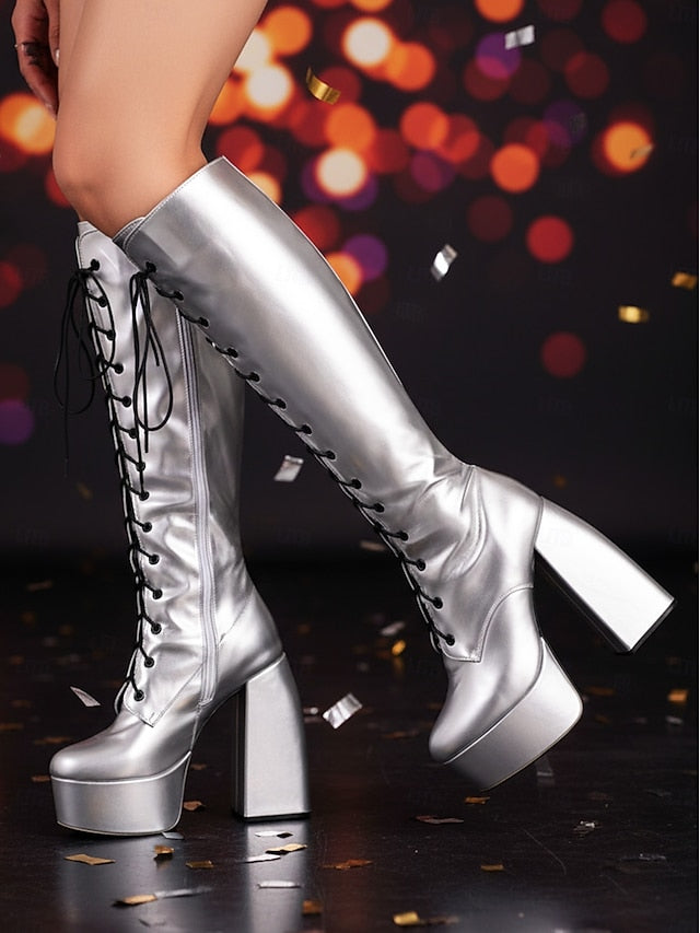 Women's - Lace-Up Silver Platform High Boots Knee Metallic