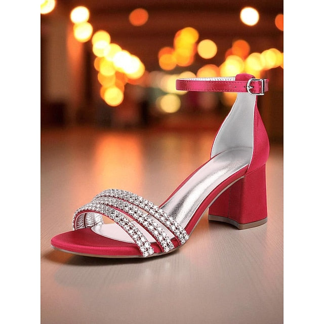 with Women's Block Sandals Satin Rhinestone Heel Purple