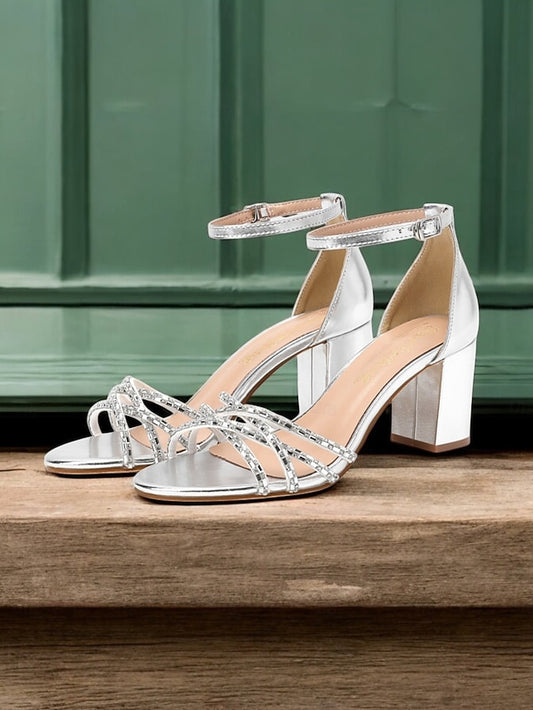 Heel Silver Strappy Sandals with Block Rhinestone Metallic