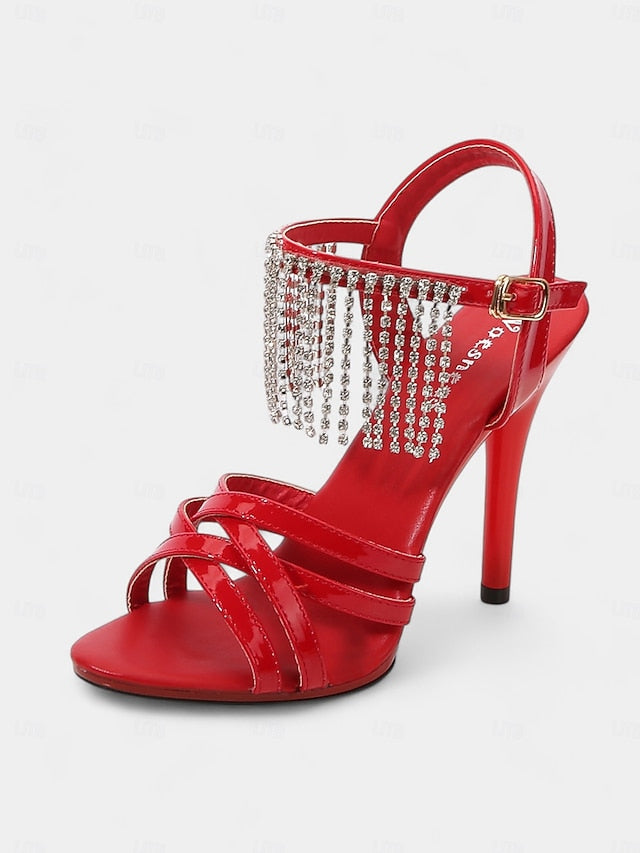 Stiletto Women's with Leather Patent Rhinestone Red Sandals