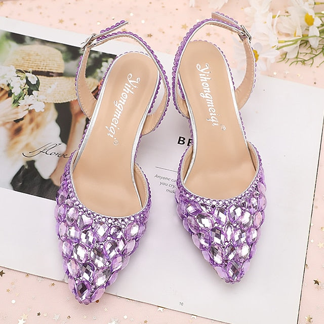High Rhinestone Slingback Heels Pointed-Toe Women's Crystal
