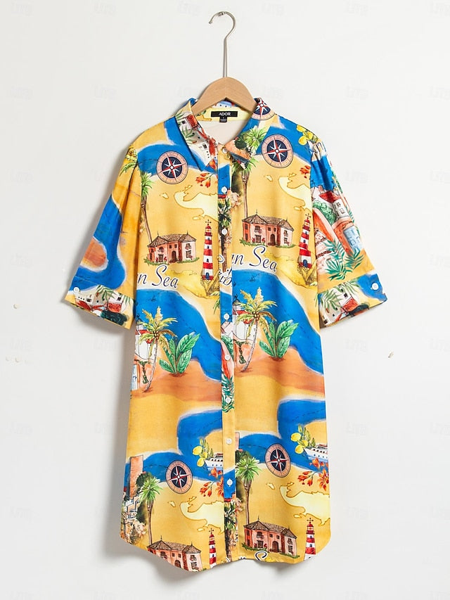 Satin Coastal Map Graphic Print Mini Dress