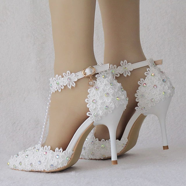 Wedding Heel Women's Pointed High Lace Bridal Shoes