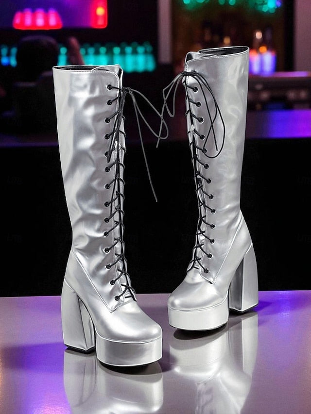 Women's - Lace-Up Silver Platform High Boots Knee Metallic