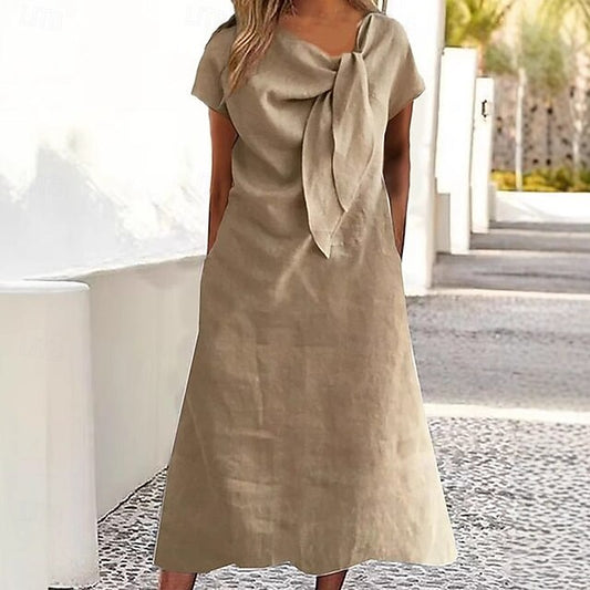 Women's Cotton Linen Midi Dress Sheath Dress A Line Dress