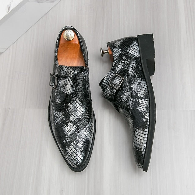 – Men Monk Classic Shoes Brown Strap Snake Print for Formal