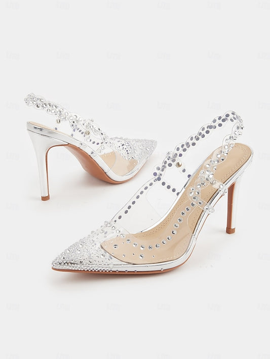 Toe with Heels Slingback Women's Pointed Rhinestone Clear