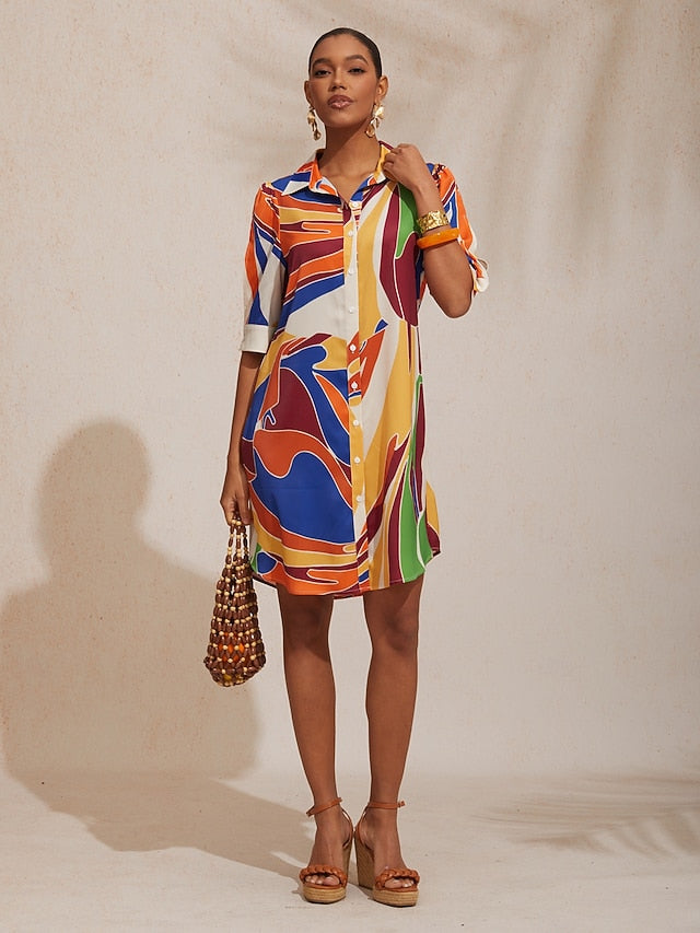 Vacation Geometric Color Block Pattern Straight Satin Shirt