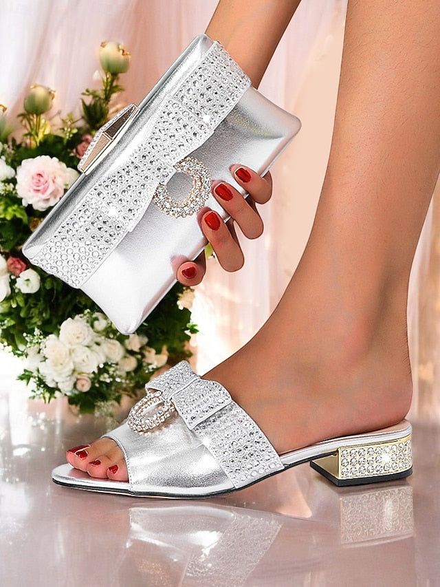 Sandals Flat – Bow Rhinestone Clutch with Matching Gold