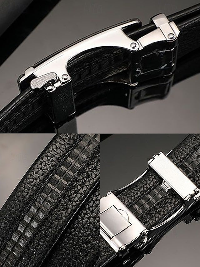 Men's Belt with Leather Adjustable Black Elegant Metal