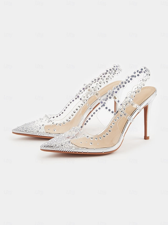 Toe with Heels Slingback Women's Pointed Rhinestone Clear