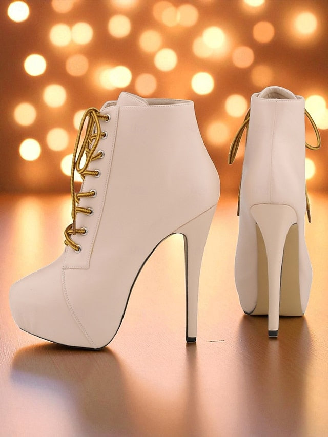 Beige Faux Lace-Up Women's Leather - Platform Boots Ankle