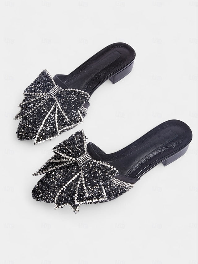 – Black Perfect Mules for Rhinestone-Bow Parties Flat and