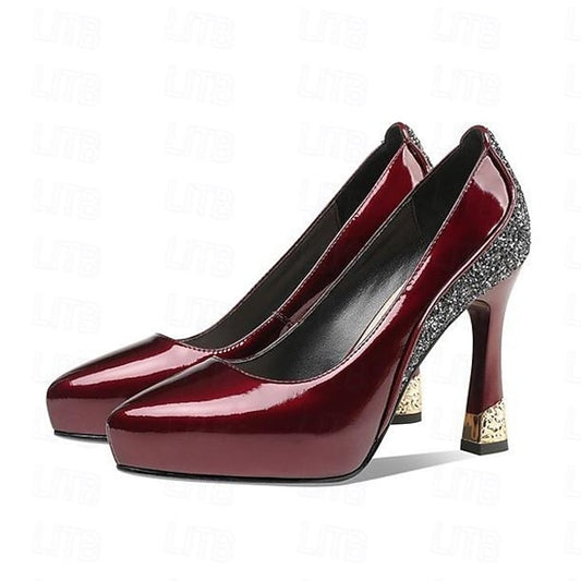 Women's Patent with Platform Leather Burgundy Heels Glitter