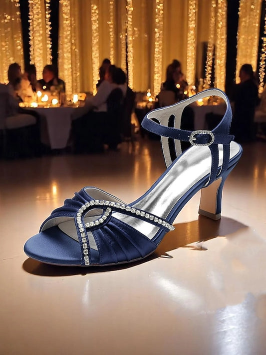 Satin Navy – Sandals Women's Blue Heeled Rhinestone