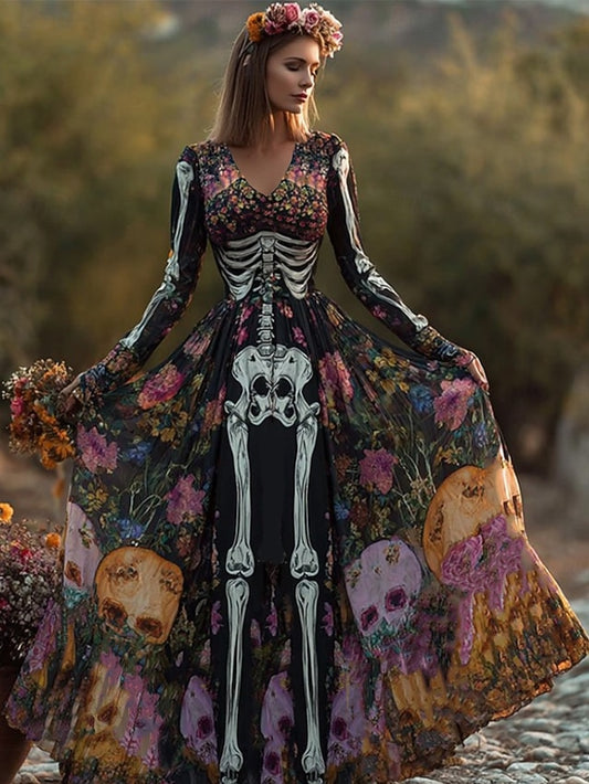 Women's Skeleton Maxi Dress Pleated Dress Boho Date Going