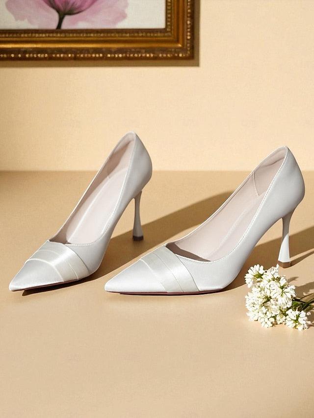 - Satin Pointed Heel Women's Champagne Toe High Pumps