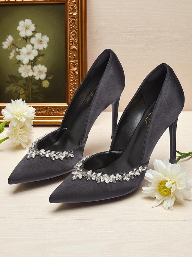 Pointed Embellishment Crystal Women's with Toe Heels Satin