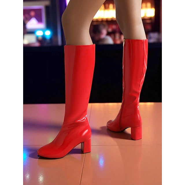 Red Patent High Knee Heel Boots Block Women's Leather with