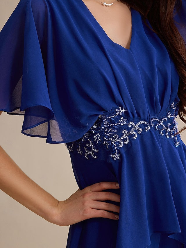 Flare Guest Embroidered Royal Sequin Wedding Cuff Blue Chiffon