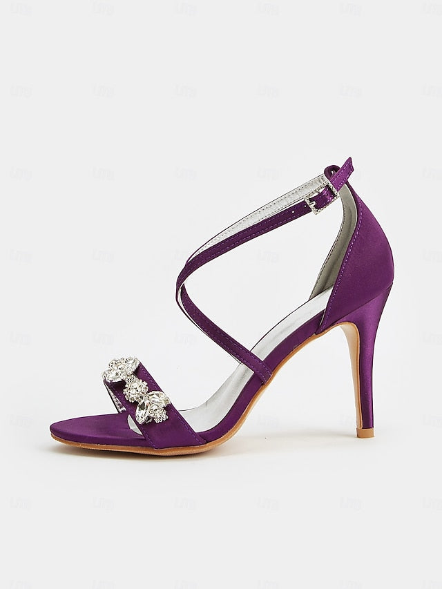 Straps Heels Women's with Purple Stiletto Satin Rhinestone